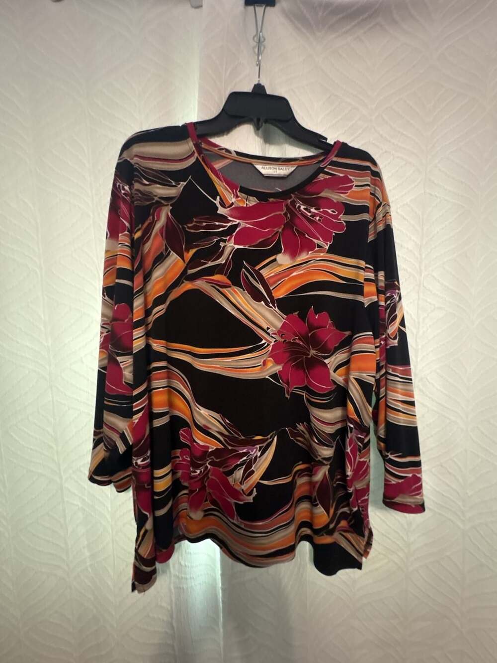 Allison Daley Black Pink Orange Floral 3/4 Sleeve Tunic Top